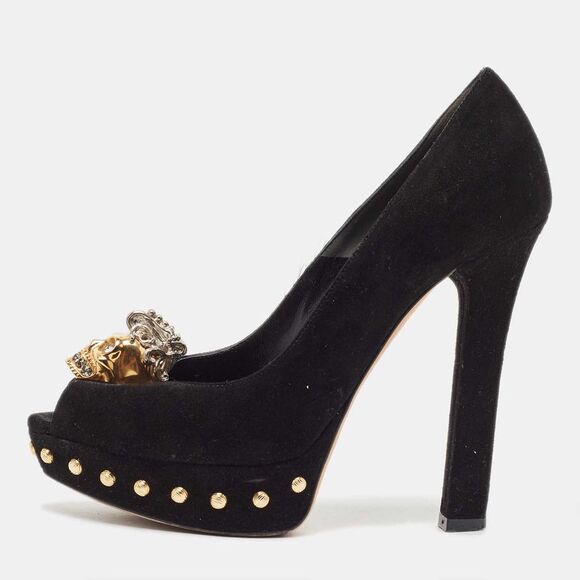 Alexander Mcqueen Black Suede Skull Peep Toe Platform Pumps Size 36